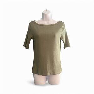 Tahari Olive Green Boat Neck Elbow Sleeve Heavy Ribbed Shirt Top Sz M